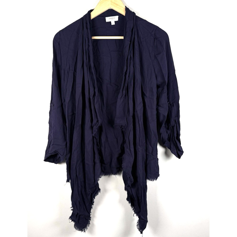 Umgee USA Long Duster Open Cardigan Women's Size S Navy Frayed Whimsygoth Boho